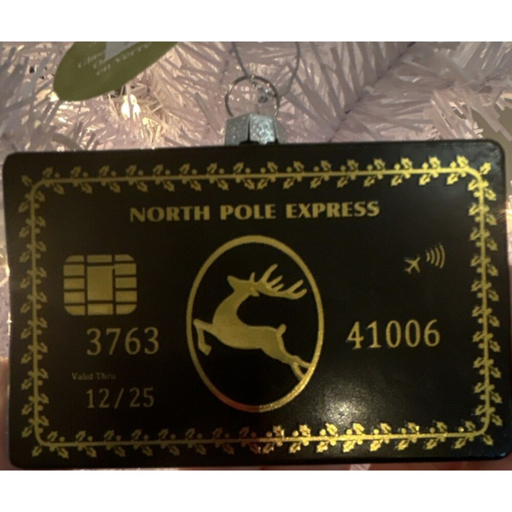 North Pole Express Glass Christmas Ornament Credit Card Black Gold Hanging